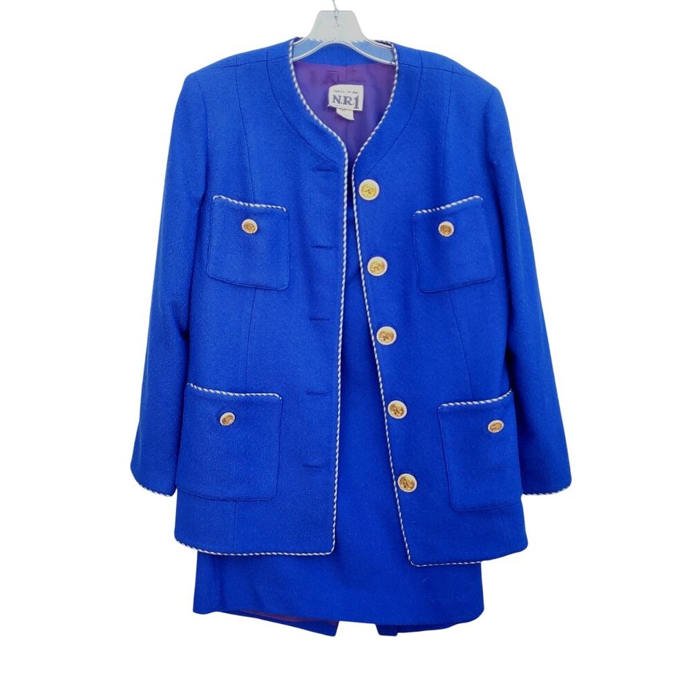 Vintage 80s Electric Blue Wool Power Skirt Suit L XL Rhinestone Buttons